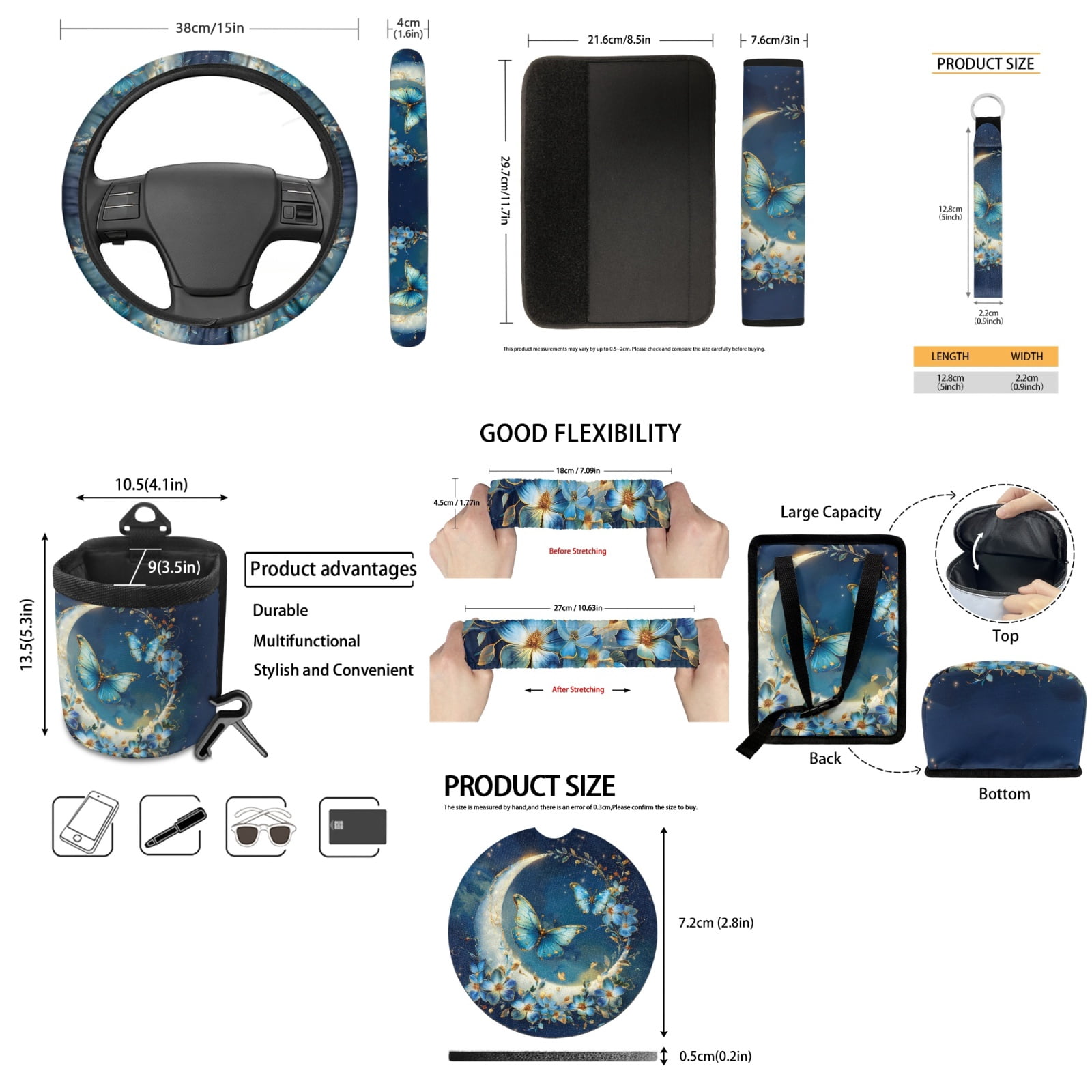 Jeiento Moon Butterfly 15 PCS Car Accessories Universal Auto Seat Protector Steering Wheel Cover Seatbelt Strap Pad Trash Can Mount Storage Pocket Cup Holders Rearview Mirror Cover Keychain