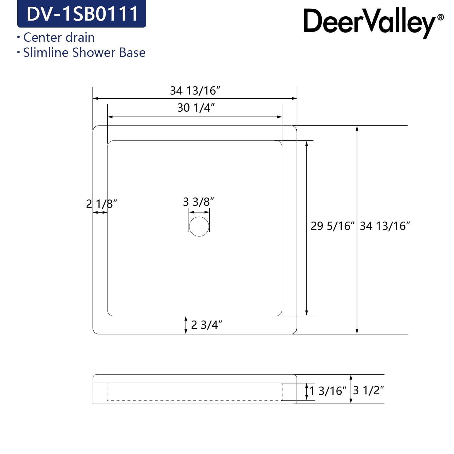 DV-1SB0111 DeerValley 35" L x 35" W Single Threshold Square White Shower Base Center Drain, Non-slip Design