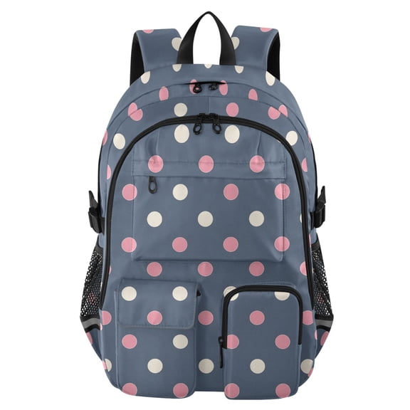 DIXRUYEE Navy Blue Pink and Cream Polka Dots Pattern Pattern Backpack for School 14”Laptop Compatible with Reflective Safety Strips