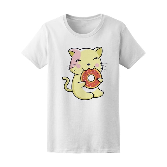 Cute Kawaii Cat Eating Donut Tee Women's -Image by Shutterstock