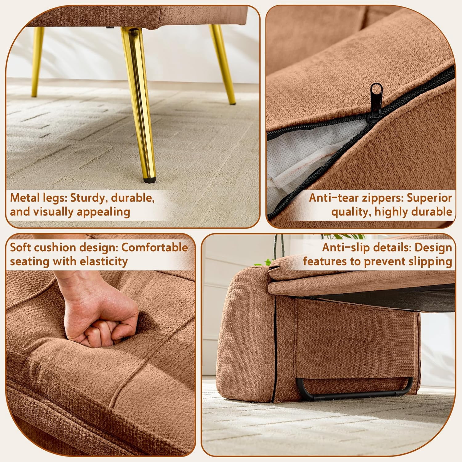 Akaber 3-in-1 Futon Sofa Bed, Chenille Sleeper Chair with Back Support & Pillow, Wood Frame, Metal Legs
