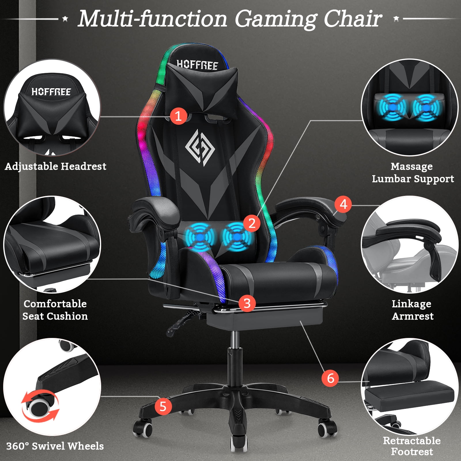 HOFFREE Gaming Chair with Massage and LED RGB Lights Ergonomic Computer Chair with Footrest High Back Video Game Chair with Adjustable Lumbar Support Linkage Armrest for Home Office