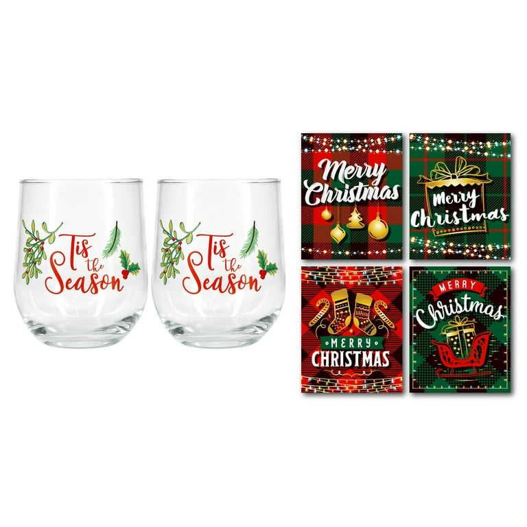 Christmas Wine Glasses with Wine Labels (Set of 2 or Set of 4 - 16.8oz),  Stemless Wine Glass, Christmas Stemless Wine Glasses, Wine Cups, Stemless Wine  Glass Set 
