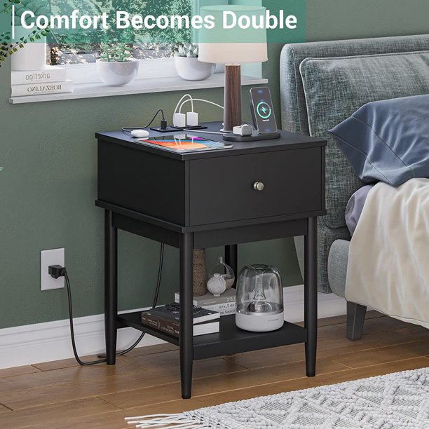 AMUZER Nightstand End Table with Charging Station and Drawer, Sofa Side