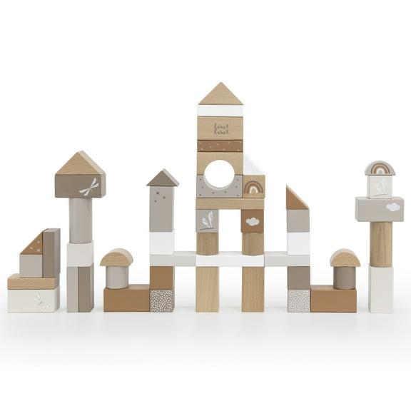 Label Label: Wooden Blocks Set 50pcs - Tan- Natural Wooden & Colored Blocks, Creative Building & Stacking, Range of Shapes & Sizes, Kids Ages 2 