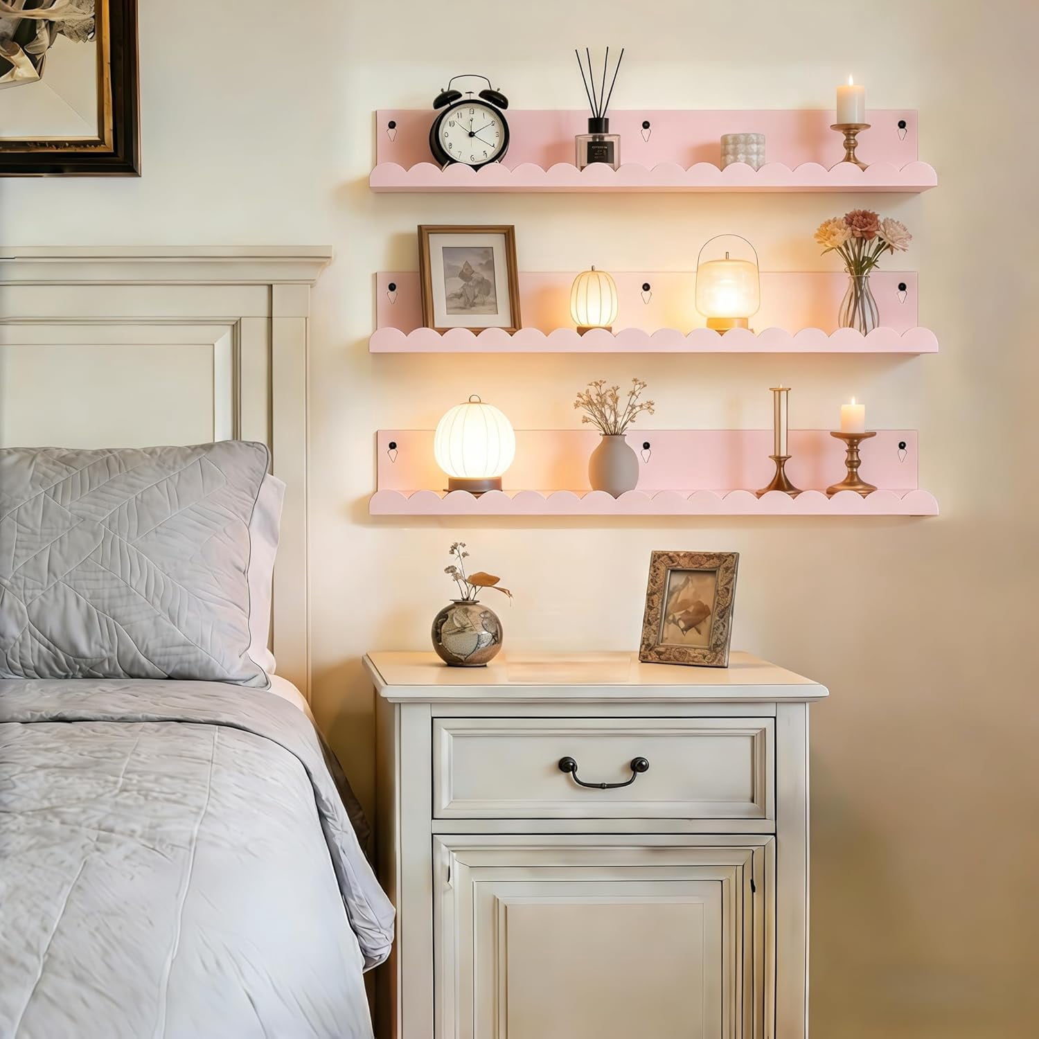 24 Inch Nursery Book Shelves Set of 4, Pink Metal Floating Shelves for Wall, Scalloped Cloud Book Shelf for Kids Room, Bathroom, Bedroom, Playroom Wall Decor & Storage