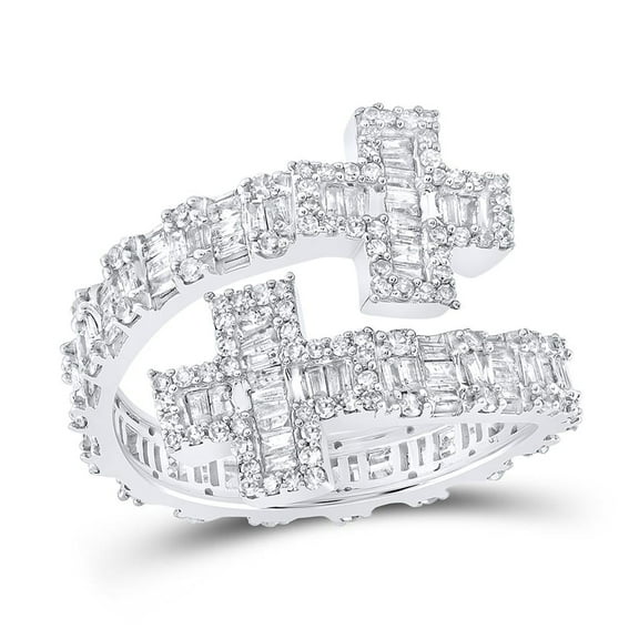 10K White Gold Real Baguette Diamond Women's Eternity Cross Cuff Band Ring 1 CT