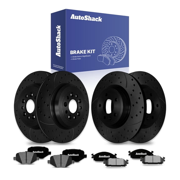 AutoShack Front Vented & Rear Solid Drilled & Slotted E-Coated Brake Rotors Black Finish   Ceramic Pads 12-PC Brake Kit Replacement for 2011-2019 Ford Explorer 2010-2019 Ford Taurus NightGuard