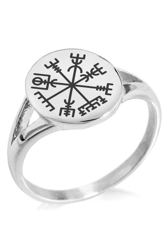 Stainless Steel Vegvisir Viking Compass Minimalist Oval Top Polished Statement Signet Ring