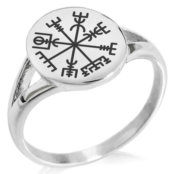 Tioneer Stainless Steel Vegvisir Viking Compass Minimalist Oval Top Polished Statement Signet Ring