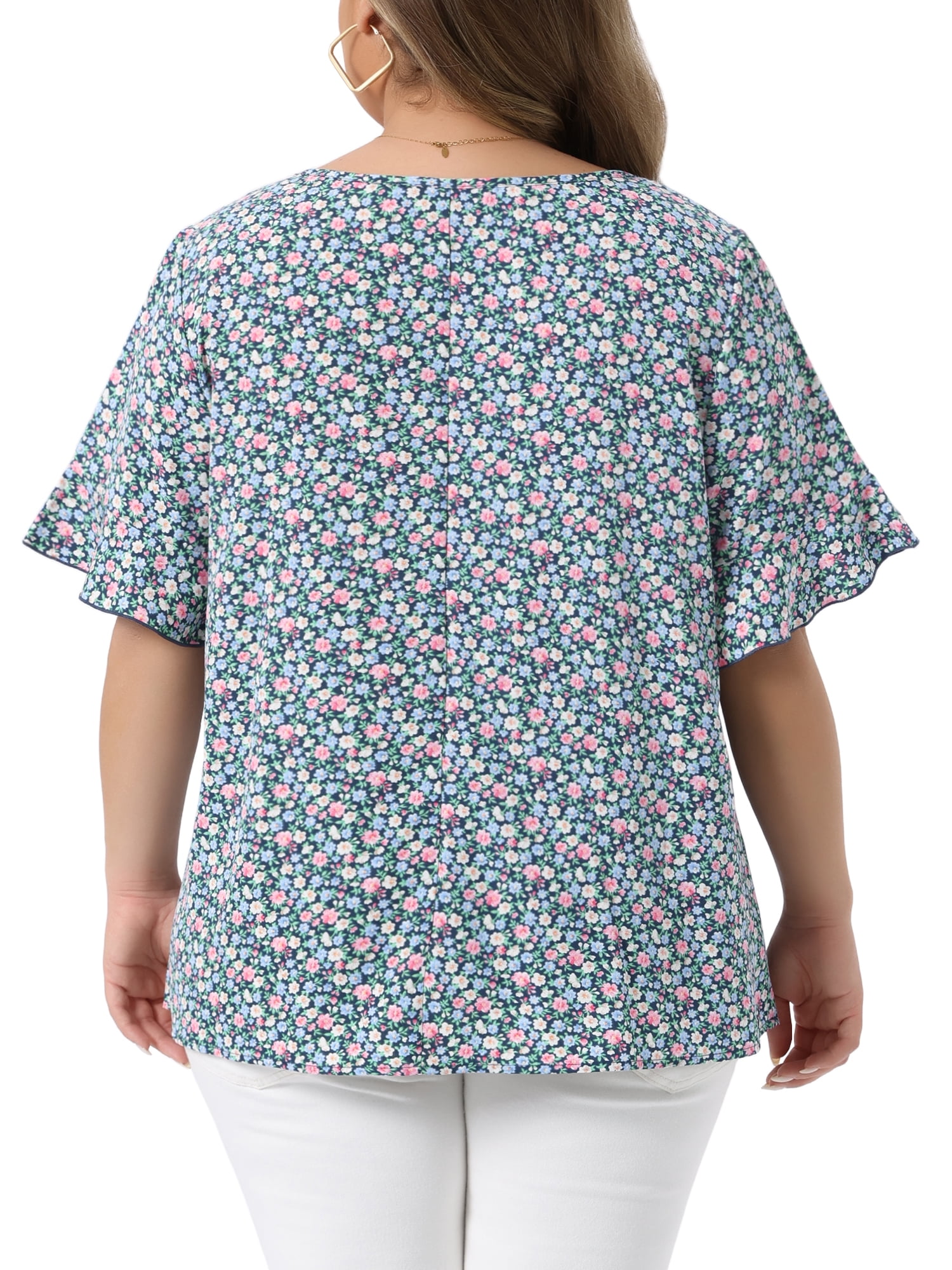 Women's Plus Tops V Neck Flared Sleeve Ditsy Floral Pleated Casual Summer Blouses 3X Dark Green