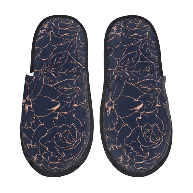 Balery Copper-Gold Gloss Outline Flower Pantuflas de Casa de Felpa Silenciosas con Diseño Estampado, Zapatillas Cómodas Antideslizantes de Algodón para Interior-Medium
