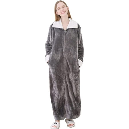 

QWZNDZG Plush Robes for Couples Zipper Front Flannel Long Bathrobes Unisex Bath Robe
