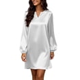 thumbnail image 2 of Lolmot Plus Size Satin A Line Dresses for Women Dressy Casual Long Puff Sleeve V Neck Mini Dress Flowy Fall Wedding Guest Dresses, 2 of 9
