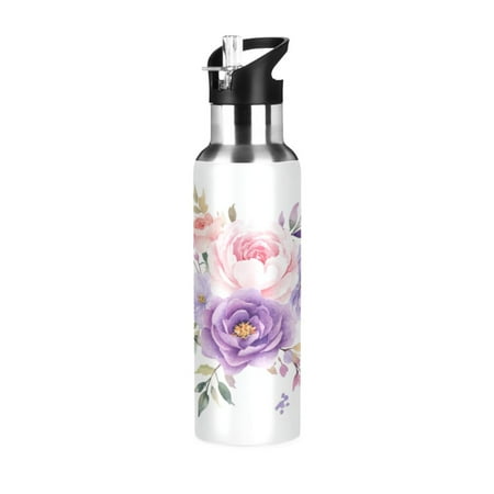 

600/1000ML Stainless Steel Sport Water Bottle with Straw Lid Leak Proof Vacuum Insulated Mug for Outdoor Activities Cycling Running & Walking Purple and Pink Roses
