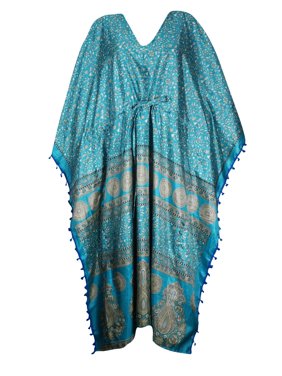 Mogul Women' Beachwear Pom Pom Trim Swimsuit Cover Up Caftan Blue Dress 3X
