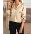 thumbnail image 4 of Solid Pleated Detail Collared Long Sleeve Satin Blouse for Women Beige X-Large, 4 of 5