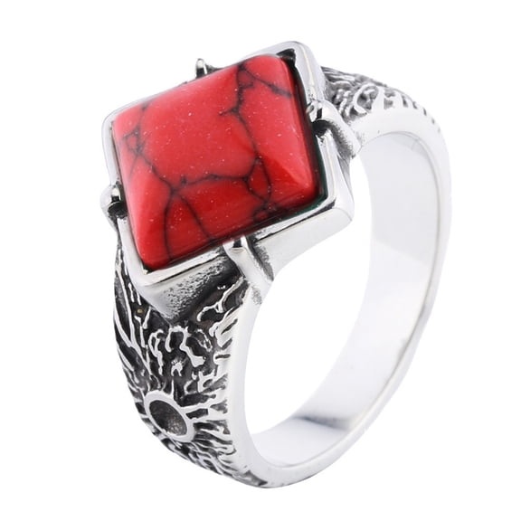 HIJONES Men's Women's Stainless Steel Dainty Square Agate Engraved Band Gothic Gemstone Wedding Ring Red Size 10