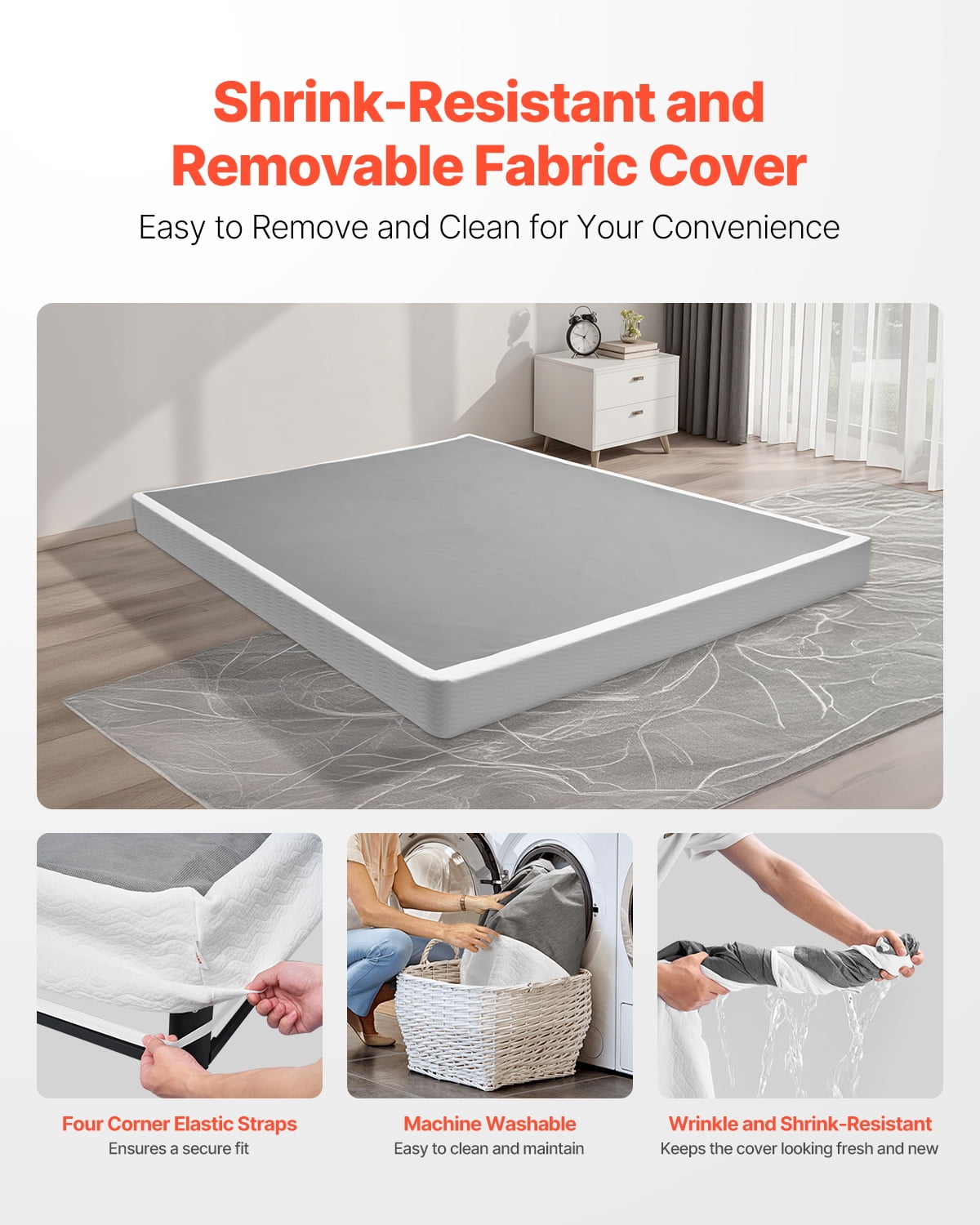 VEVOR Box Spring, Queen Size Bed Frame with Washable Fabric Cloth, Heavy Duty Metal Frame for Queen Bed, 5 in Mattress Foundation, 3500 lbs Max Weight Capacity, Easy Assembly