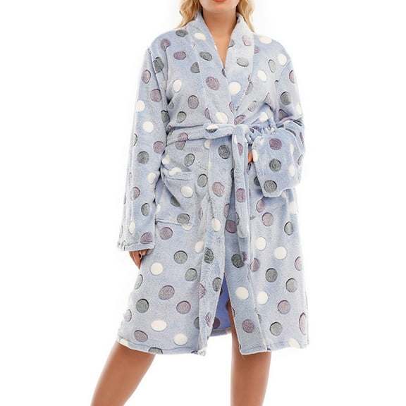 Tnhcen Women's Winter Plus Size Flannel Sleepwear - Thickened Dot Print Long Sleeve Pajama Robe with Waist Tie XL-5XL Large Size Warm Housecoat