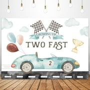 Two Fast 2nd Birthday Backdrop for Photography Feet Boys Kids Boho Watercolor Race Car Balloons Cup Cool Cartoon Cloud Flag Road Party Decorations Photoshoot Background Photo Booth Studio