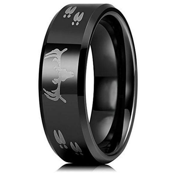 Wedding Ring Men 8mm Black Hunter Antler Deer Hunting Tungsten Wedding Band