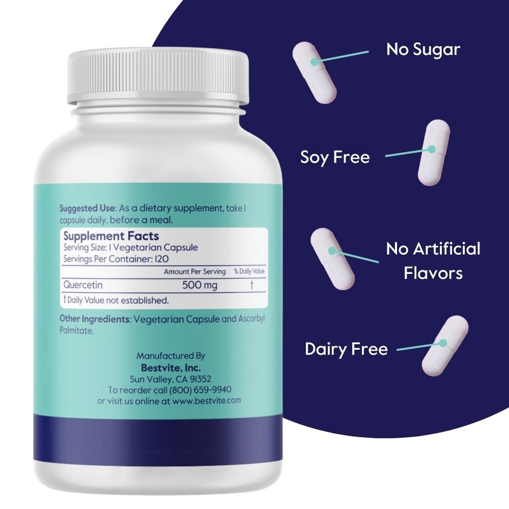 BESTVITE Quercetin 500mg (120 Vegetarian Capsules) - No Stearates - No Silicon Dioxide - Vegan - Non GMO - Gluten Free