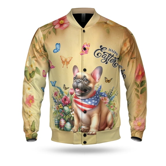 French Bulldog Celebrates Spring and Enjoys a Happy Easter All Over Print 3D Baseball Jacket Dog Lover Gifts Bomber Jacket Softball - 02001