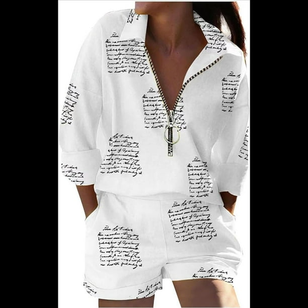 Conjuntos de 2 Piezas para Mujer: Camisa y Pantalones Cortos Florales con Media Cremallera, Atuendos Casuales de Vacaciones con Bolsillos. Letras Blancas XXL