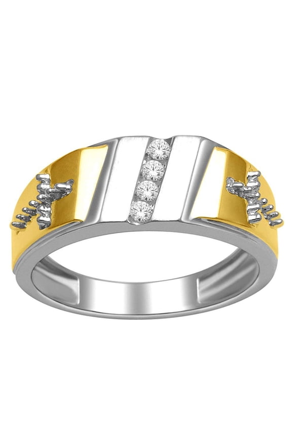 Two Tone Mens Wedding Band With Cross on Sides 0.1ct Diamonds 10K 9mm Wide