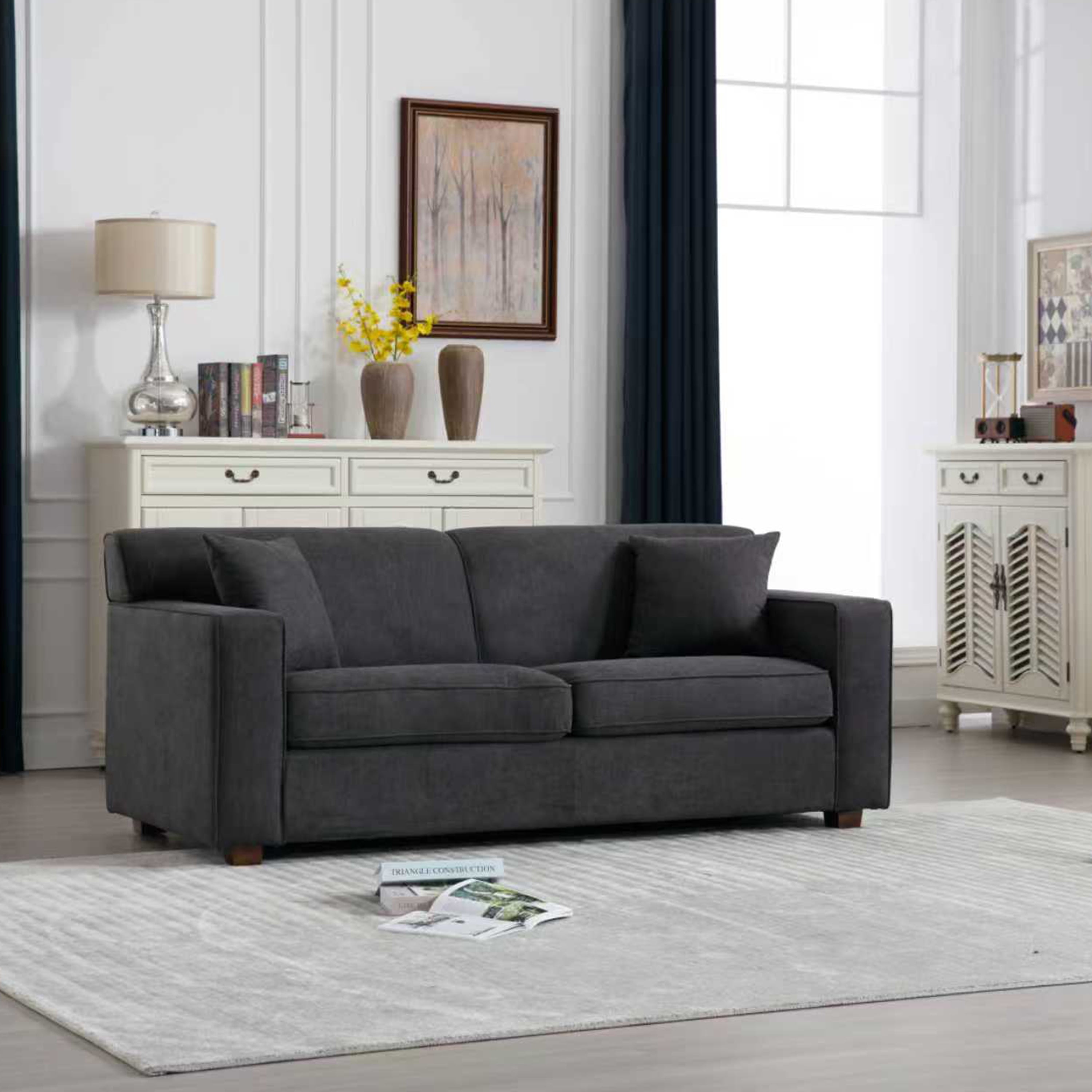 76" Modern Loveseat Sleeper Sofa with 4" Full Bed & 2 Pillows, Dark Gray