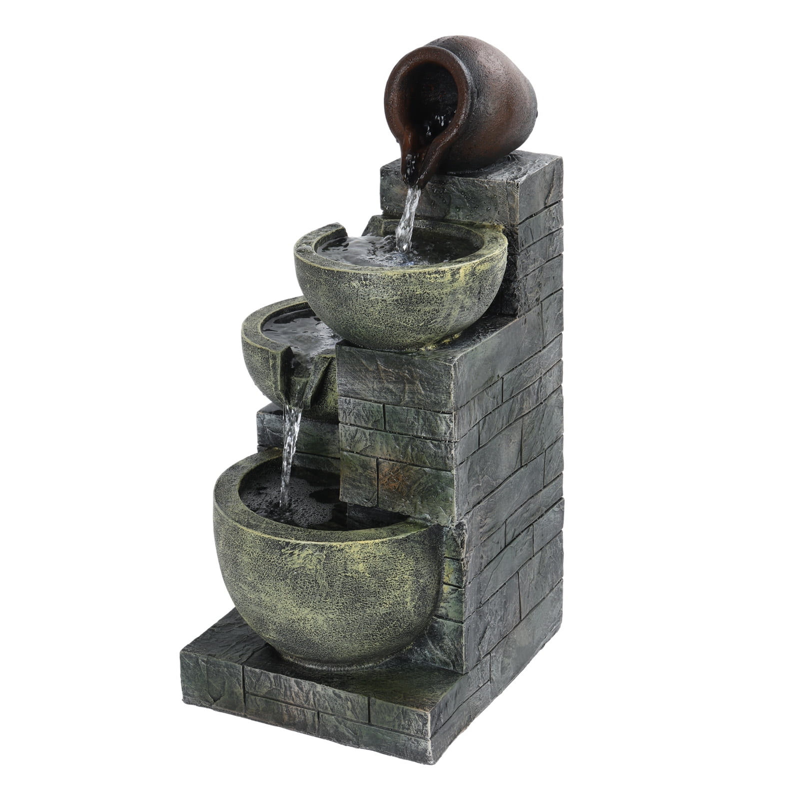Koiauber 23.6" 4-Tiers Outdoor Garden Water Fountain,Cascading Bowls and Stacked Stones Outdoor Water Fountain,Outside Patio Water Features Fountain with LED Light
