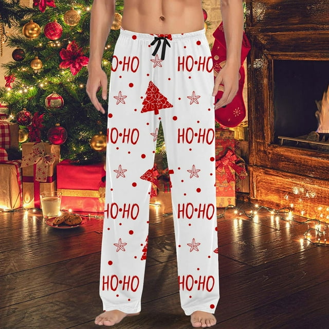 Mens Christmas Casual Pants Pajama Pants With Drawstring And Pockets Christmas Pants White