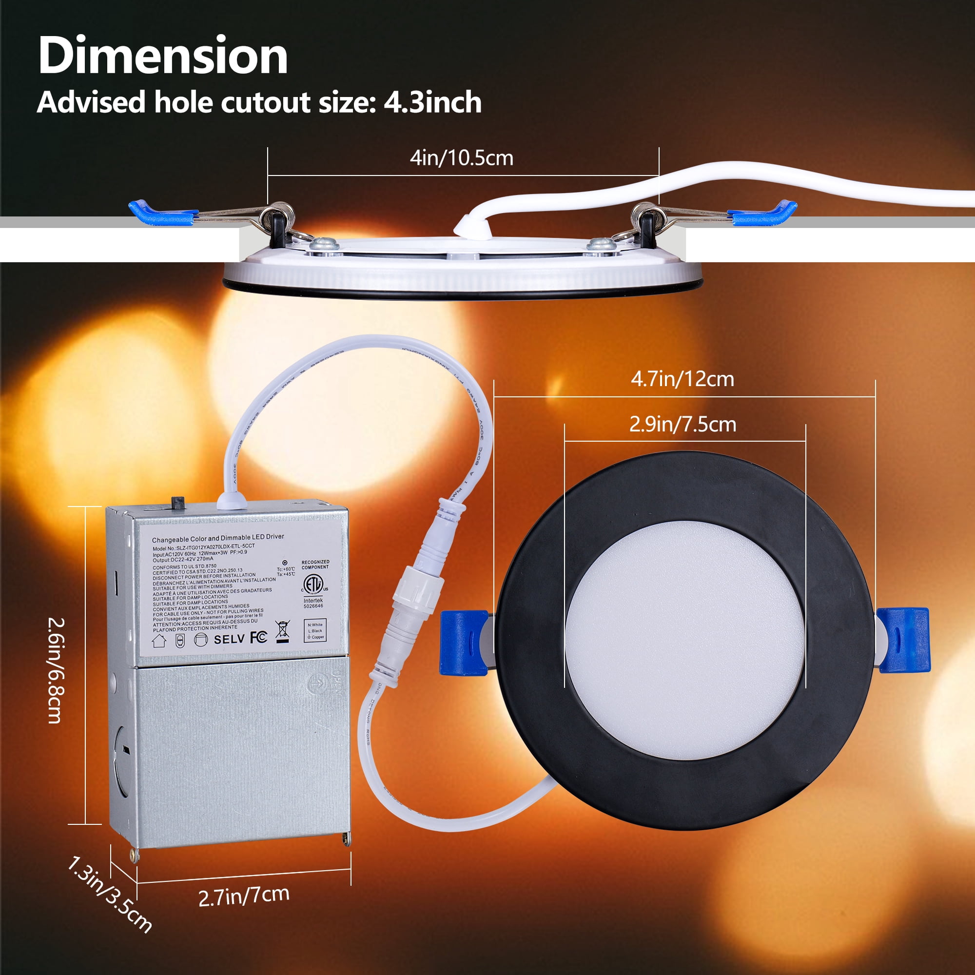 Miniyam 12 Pack 4" Black LED Recessed Light with Night Light, 9W 800LM Dimmable, 2000K-5000K 6CCT, Canless w/ Junction Box for Bedroom/Living Room/Kitchen