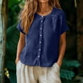 thumbnail image 2 of Women Linen Cotton Blend Button Down Crew Neck Short Sleeve Loose Fit Summer Blouse Top, 2 of 9