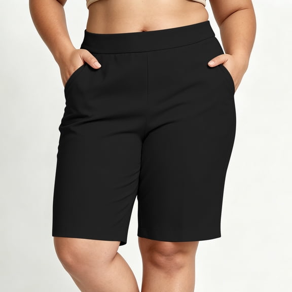 Women's Solid Plus Size Elastic High Waist Knee Length Stretch Bermuda Shorts with Pockets for Casual Work Golf Hiking