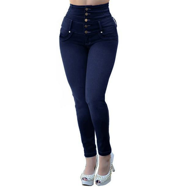 LUXUR Women Denim Pants Button Jeans Zipper Bottoms Stretch Leggings High  Waist Trousers Blue Black XL 