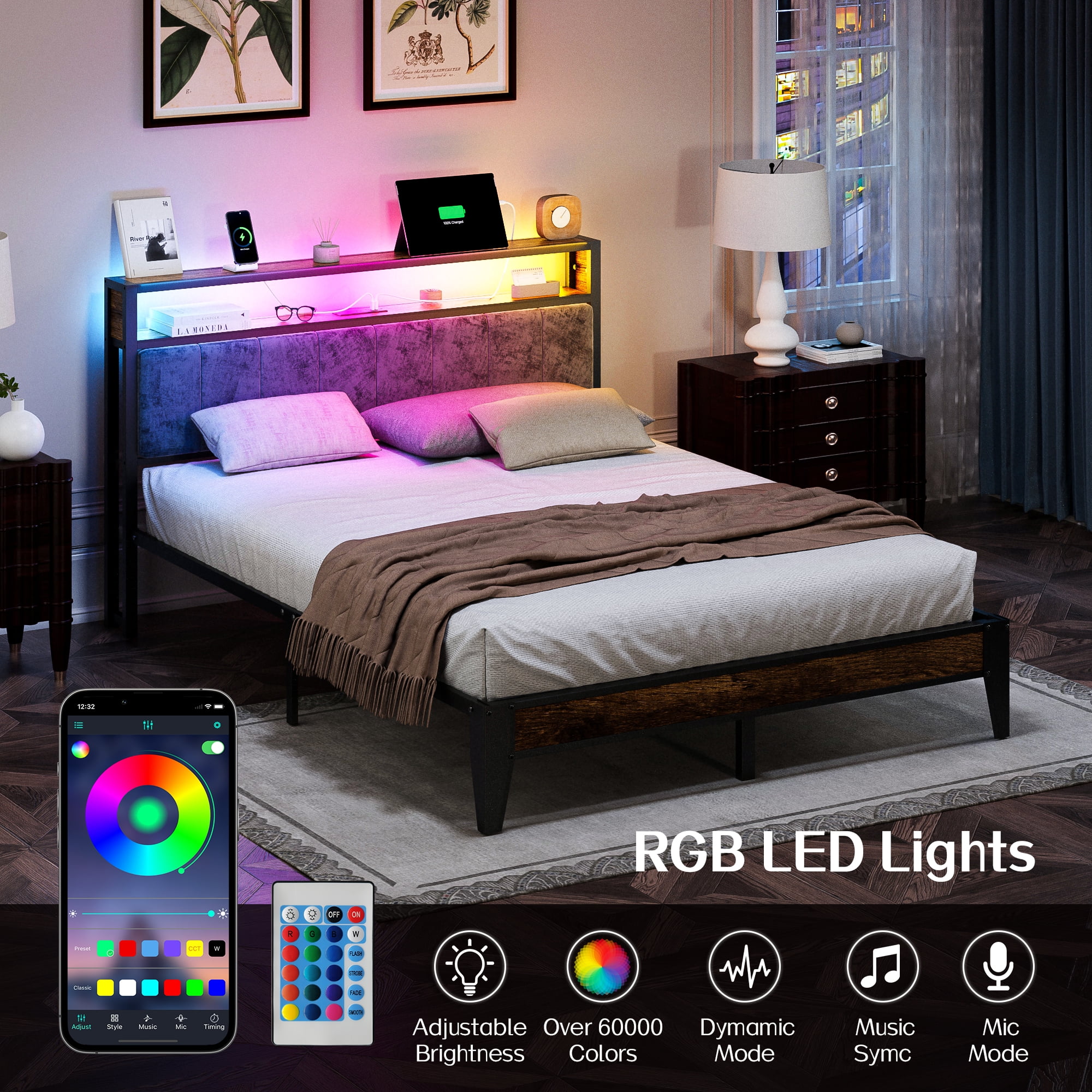 OLEVS Queen Bed Frame with Headboard, LED Light, Type C & USB Charging Station