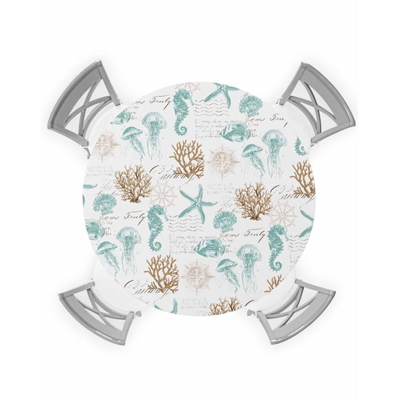 nqOlkjepod Aqua Coastal Round Tablecloth, Fitted Table Cover with Elastic for 36"-44" Round Tables, Farmhouse Ocean Seahorse Coral Starfish Table Cloth Outdoor Dinning Party Waterproof Tablecloths