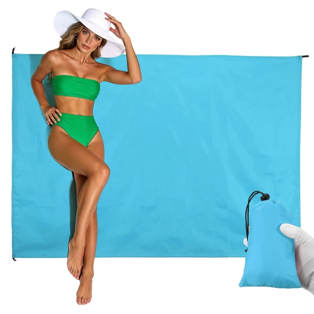 Manta de Playa Uxcell, Manta de Playa Impermeable Plegable Compacta, Esenciales de Playa Rápido Secado con Bolsa de Transporte y 4 Estacas para (Playa/Camping/Senderismo/Picnic) 79 x 55" & Azul Claro