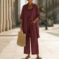 thumbnail image 3 of Womens Linen 3 Piece Outfits, Long Cardigan Spaghetti Strap Tank Top Wide Leg Pants Summer Lounge Sets with Pockets,Deep Red,XL, 3 of 5