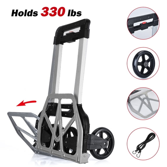 Folding Hand Truck Heavy Duty, 330-Lb. Load Capacity Portable Aluminum Alloy Cart Hand Dolly Push Truck Trolley with Wheels, for Luggage/Personal/Travel/Auto/Moving & Office