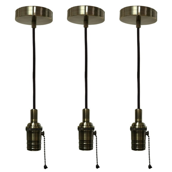 Royal Designs Vintage-Style Antique Brass Pull Chain Pendant Light Socket and Canopy with Brown Rayon Fabric Cord, Set of 3