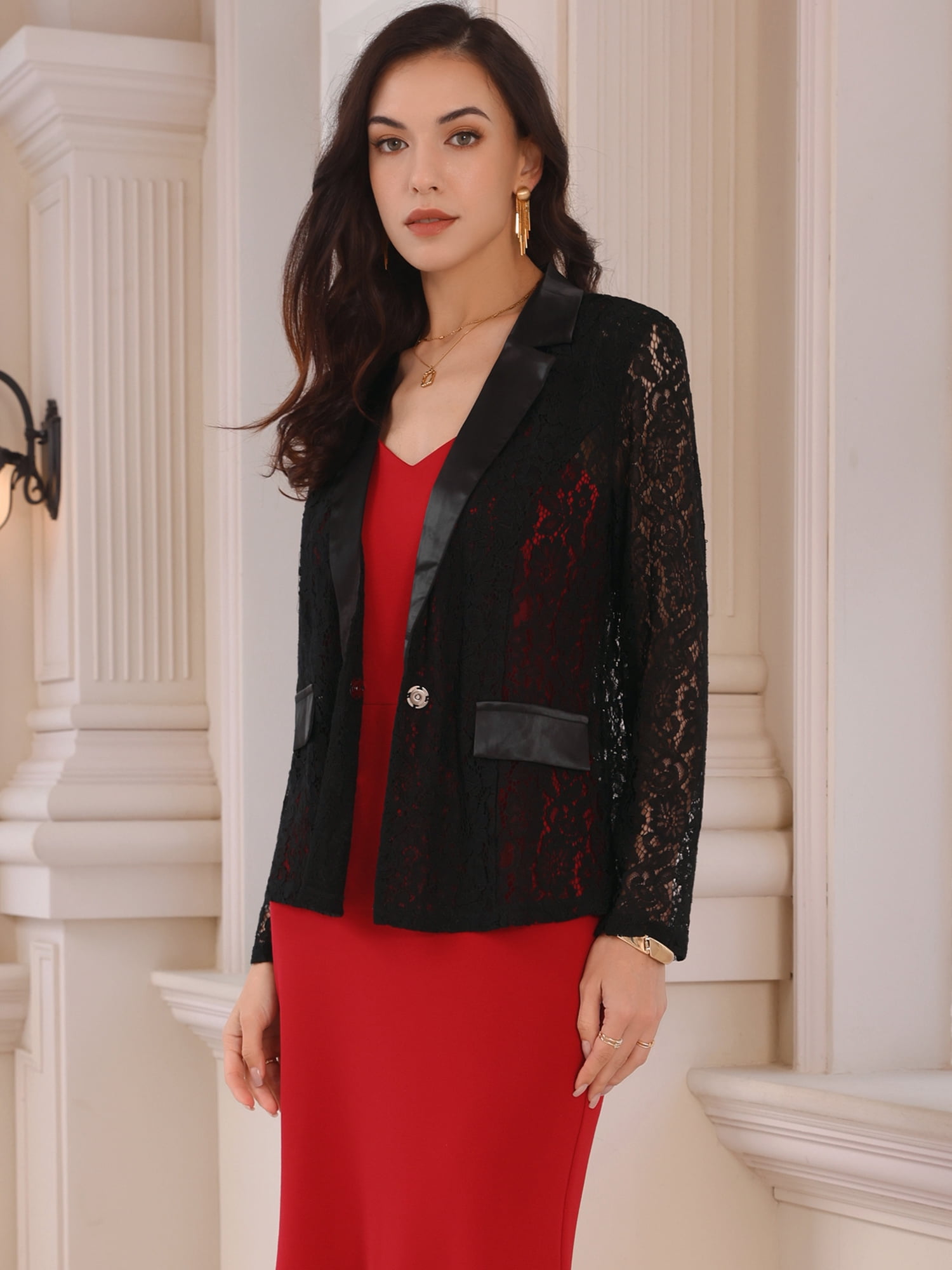 DARING DIVA Women's Lace Cocktail Lapel Collar One Button Dressy Blazers M Black
