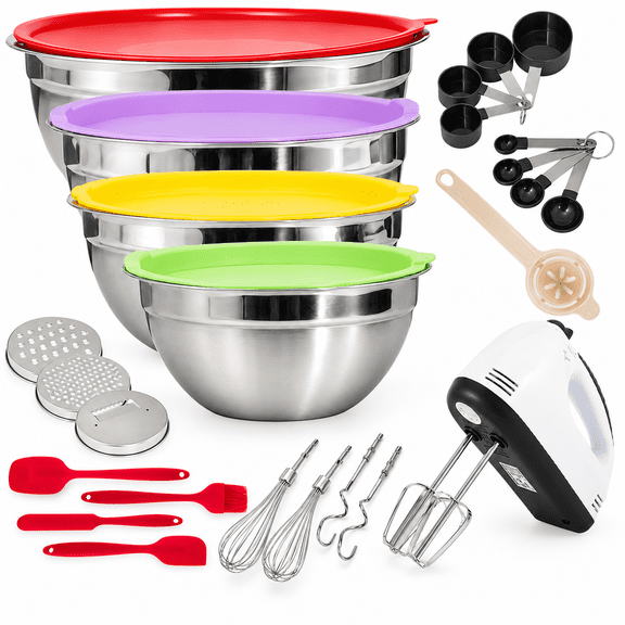 7-Speed Electric Hand Mixer,4 Large Stainless Steel Mixing Bowls Set,Handheld Mixers for Kitchen with Whisks Beater,Grater Attachments and Measuring Cup and Spoon