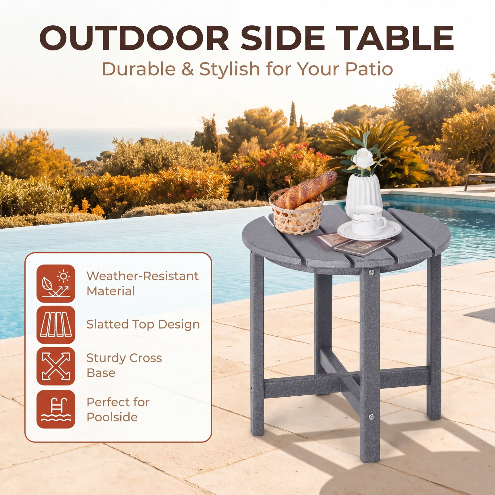 Furnibear Set of 2 18 Inch Round Weather Resistant Adirondack Side Tables with Slatted Top and HDPE Build for Patio Poolside and Garden, Gray