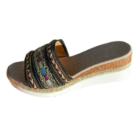 

Summer Casual Colour Blocking Bohemian Style Weaving Thick Bottom Slope Heel Large Size Sandals Slippers