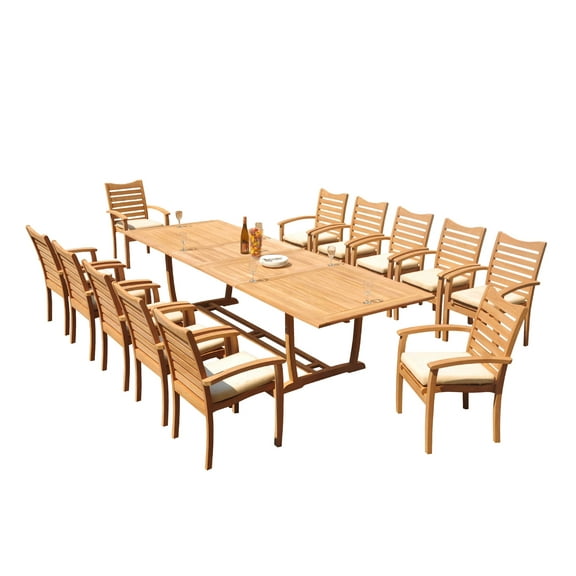 Grade-A Teak Dining Set: 12 Seater 13 Pc: 118" Mas Rectangle Trestle Leg Table And 12 Aspen Stacking Arm Chairs Outdoor WholesaleTeak #51AP2513