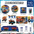 thumbnail image 3 of Fournitures de Fête Monster Truck, 140 Pcs Décorations d'Anniversaire Monster Truck & Vaisselle - Assiettes Rouges Serviettes Nappe Toile de Fond Ballons Etc Ensembles de Fête, 3 of 6