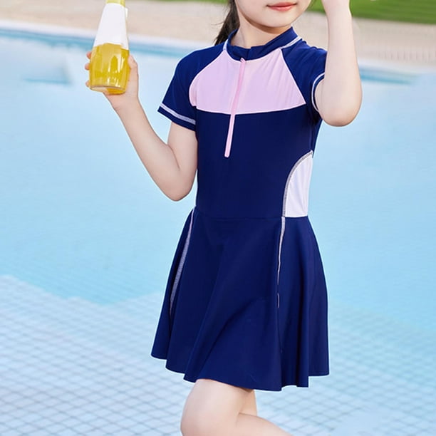 Odeerbi 2-8 Años Traje de Baño de Una Pieza Para Niñas Vestido de Baño de Verano Con Shorts Traje de Baño de Playa Color Sólido Traje de Baño de Manga Corta Con Media Cremallera